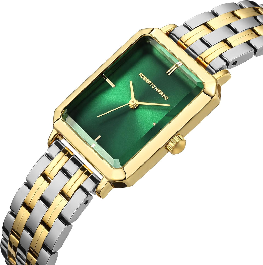 Roberto Marino RM1982 Reloj de Lujo para Mujer Rectangular en Oro – Movimiento de Cuarzo Japonés, Diseño Vintage de Acero Inoxidable, Esfera Plateada, Elegante Pieza de Vestir, Resistente al Agua 3ATM
