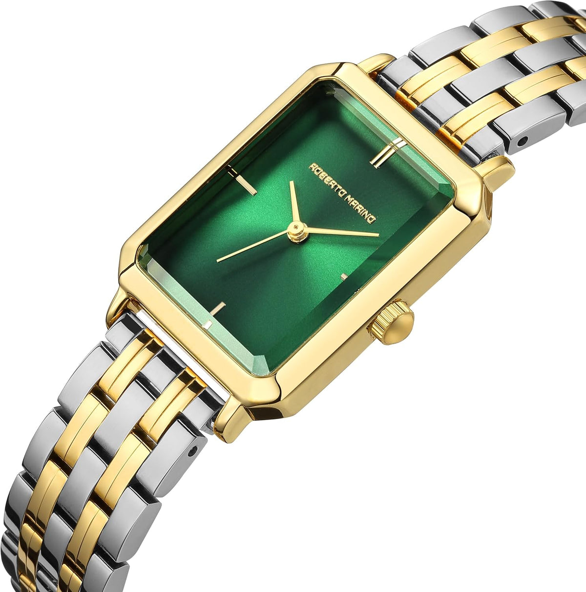 Roberto Marino RM1982 Reloj de Lujo para Mujer Rectangular en Oro – Movimiento de Cuarzo Japonés, Diseño Vintage de Acero Inoxidable, Esfera Plateada, Elegante Pieza de Vestir, Resistente al Agua 3ATM