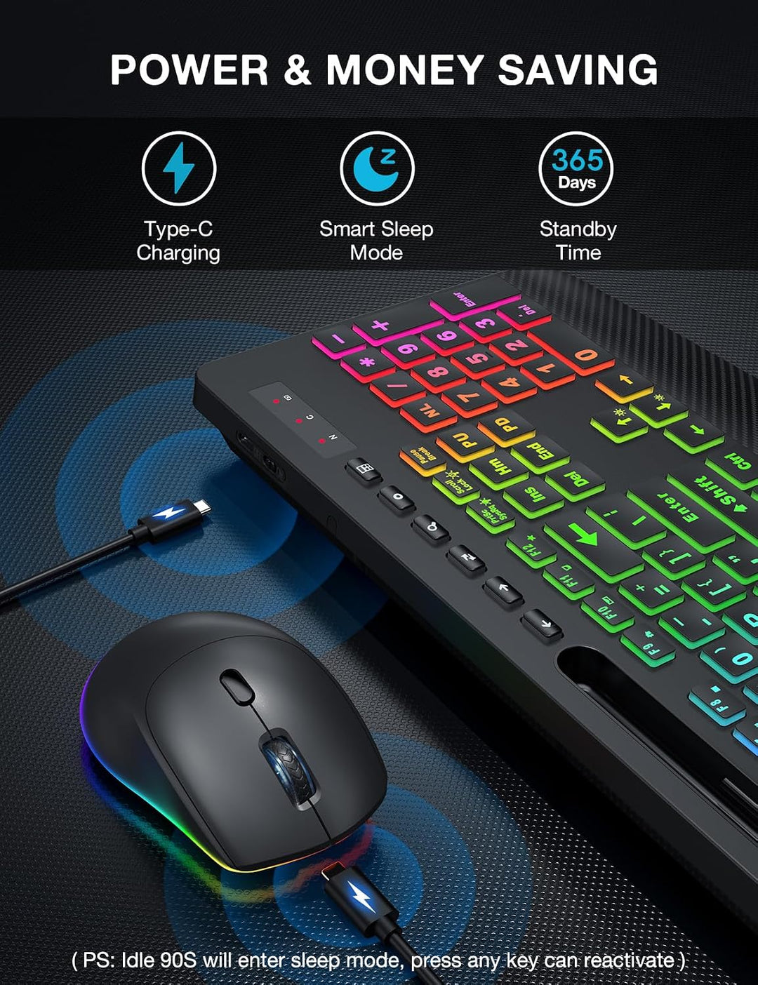 SABLUTE Combo de teclado y mouse inalámbricos, 9 efectos retroilumi...