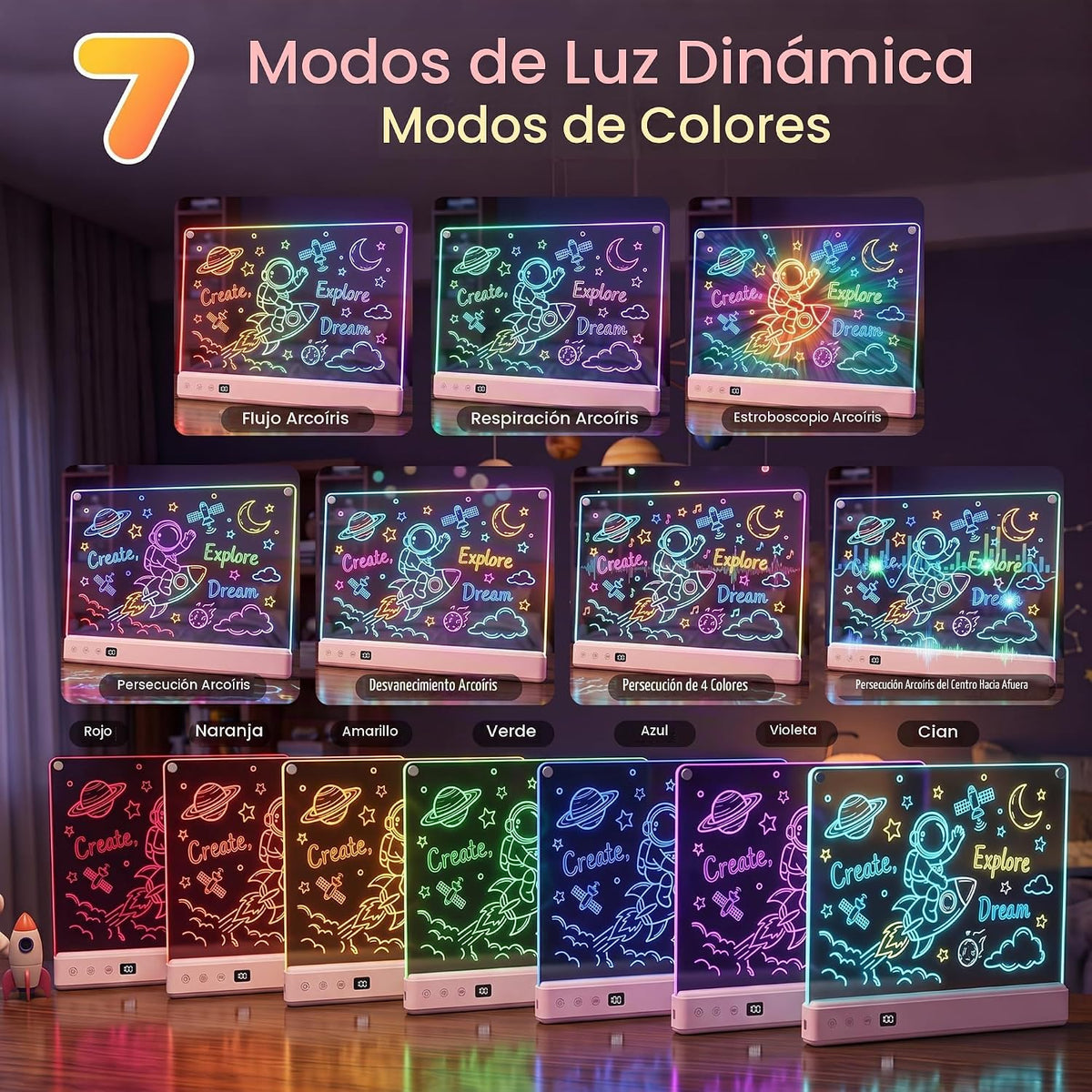 Tablero de dibujo LED recargable de 16" para niños con efectos de luz de 16