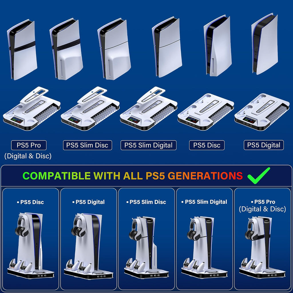 Estación de enfriamiento para PS5/Slim/Pro con estación de carga para mando para PlayStation 5 Slim y Standard y Pro Disc/Digital, Soporte de PS5 Pro con ventilador de enfriamiento y accesorios Incluye enfriador/ventilador y 3 hubs USB