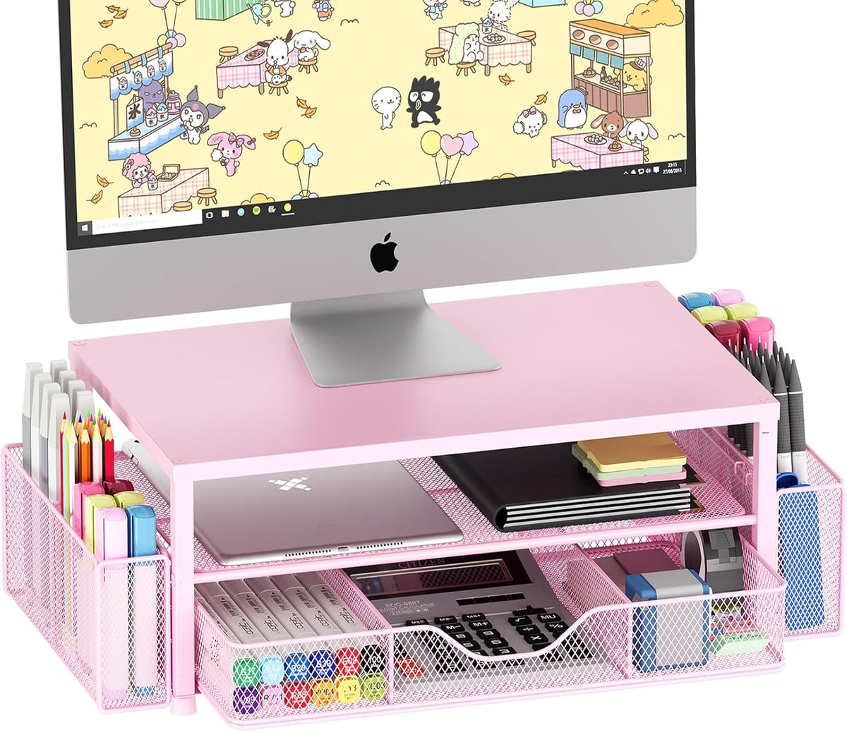 Lámpara Organizador de escritorio y accesorios, soporte elevador de monitor de computadora de 2 niveles con cajón y 2 soportes para bolígrafos, soporte para laptop, accesorios de escritorio de oficina