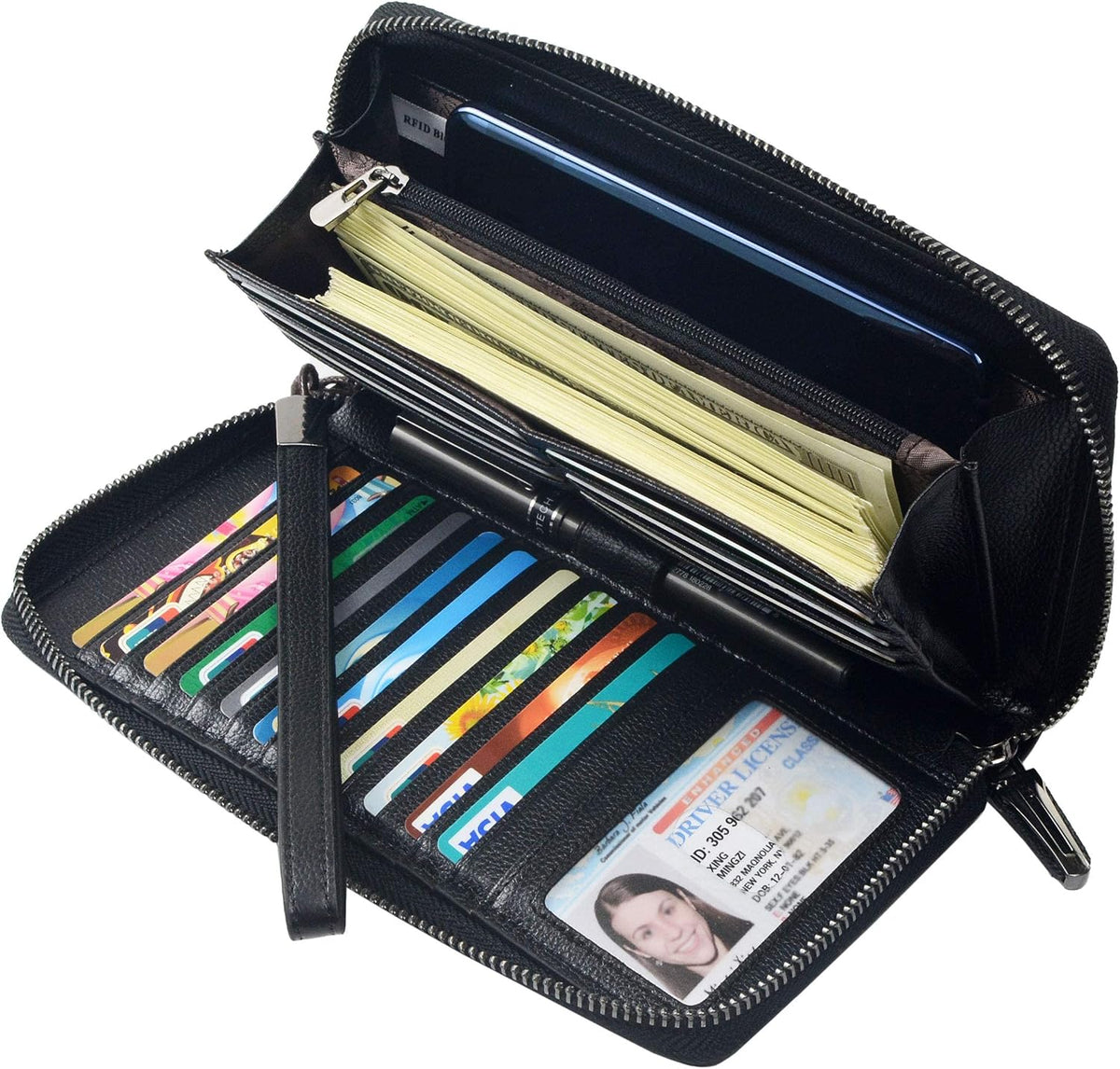 Bveyzi Cartera de piel con bloqueo RFID para mujer, con cremallera alrededor del teléfono, embrague de gran capacidad, bolso de viaje para mujer