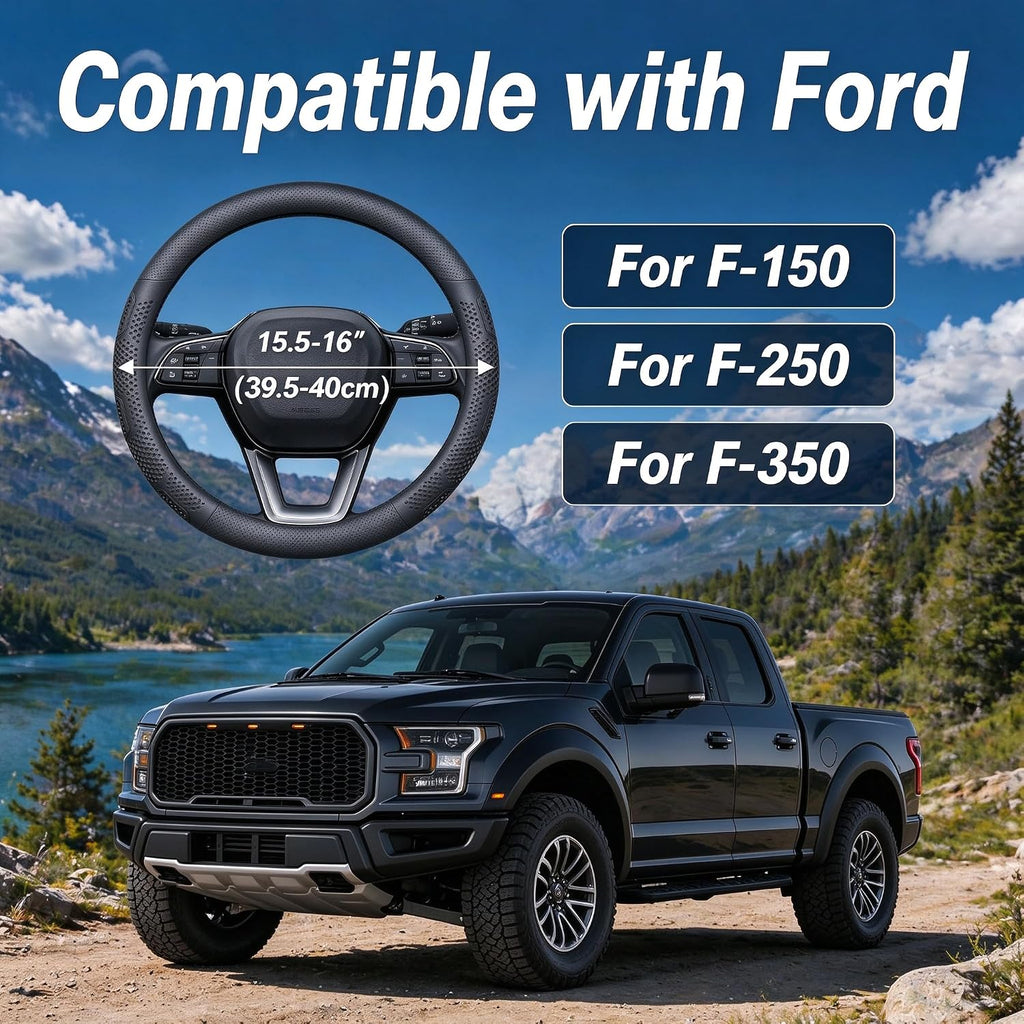 Funda de volante de cuero Yangday para Ford F150 F250 F350, 15.5-16 pulgadas, funda de volante para coche con antideslizante y transpirable (Negro)