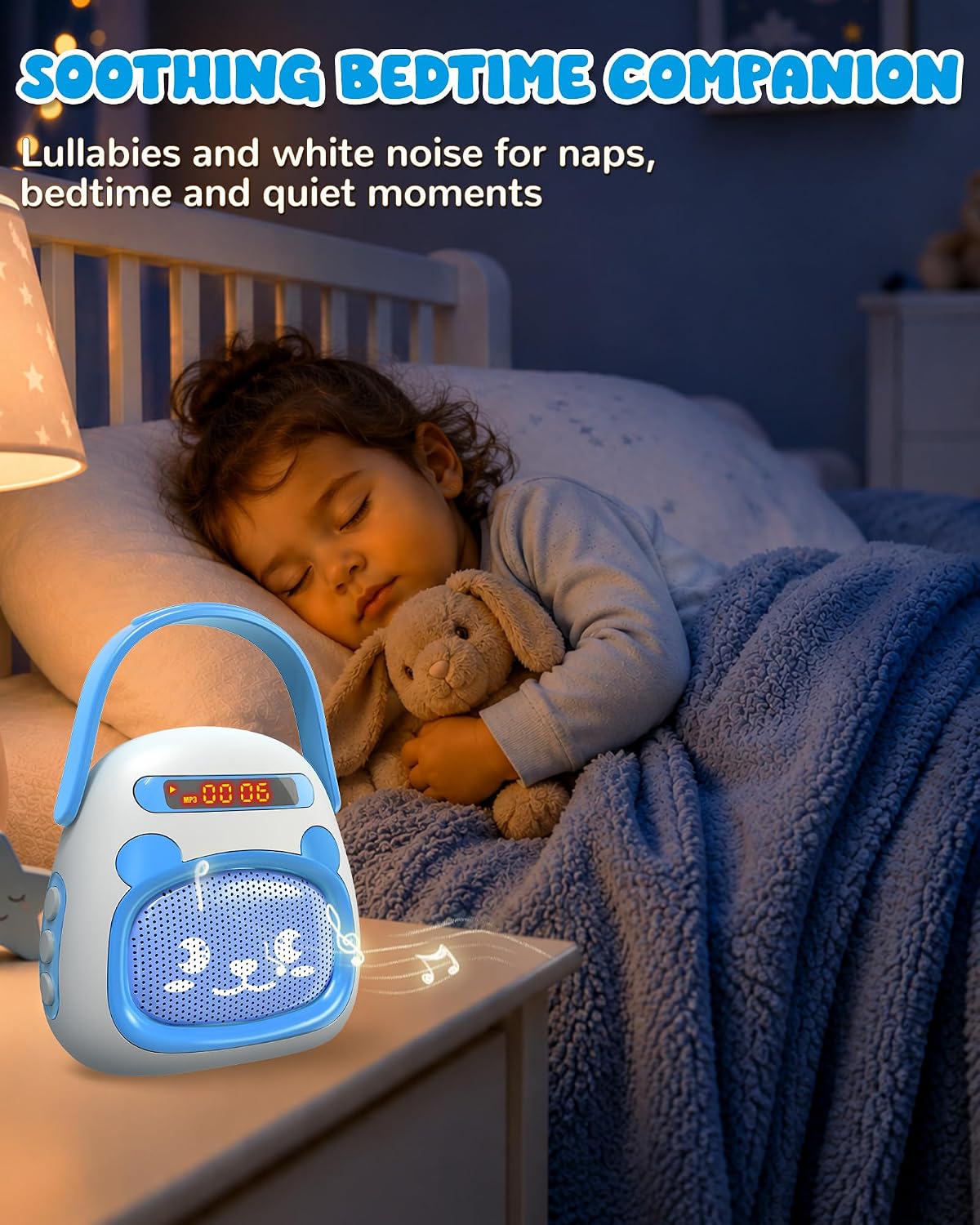 Reproductor de música portátil para niños pequeños, historias precargadas canciones de cuna y ruido blanco, mini reproductor MP3 para niños pequeños con altavoz Bluetooth, máquina de sonido de