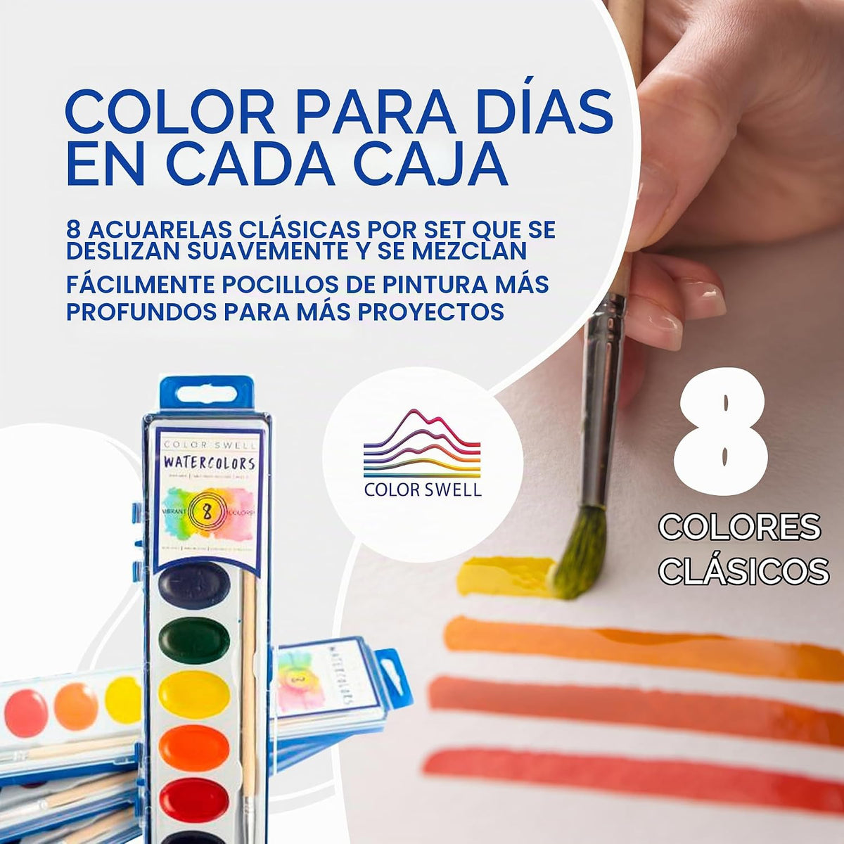 Color Swell Acuarelas a granel de 8 colores con pinceles de madera, paquete