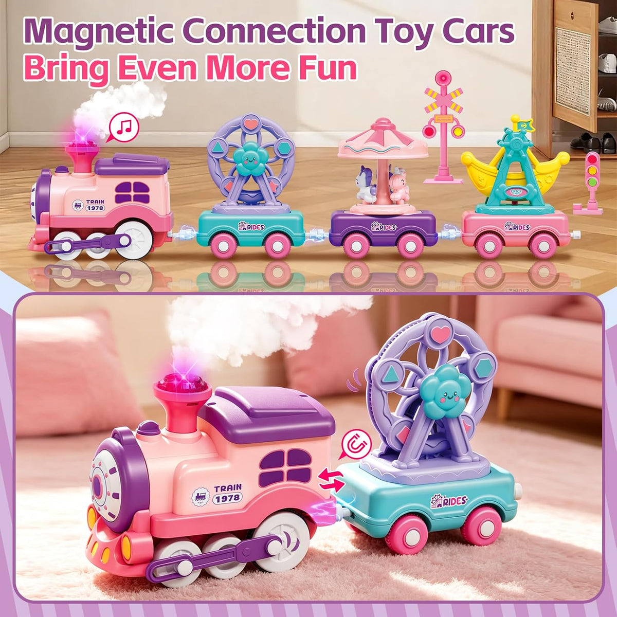 Juego de tren eléctrico para niñas con vapor, música y luces
