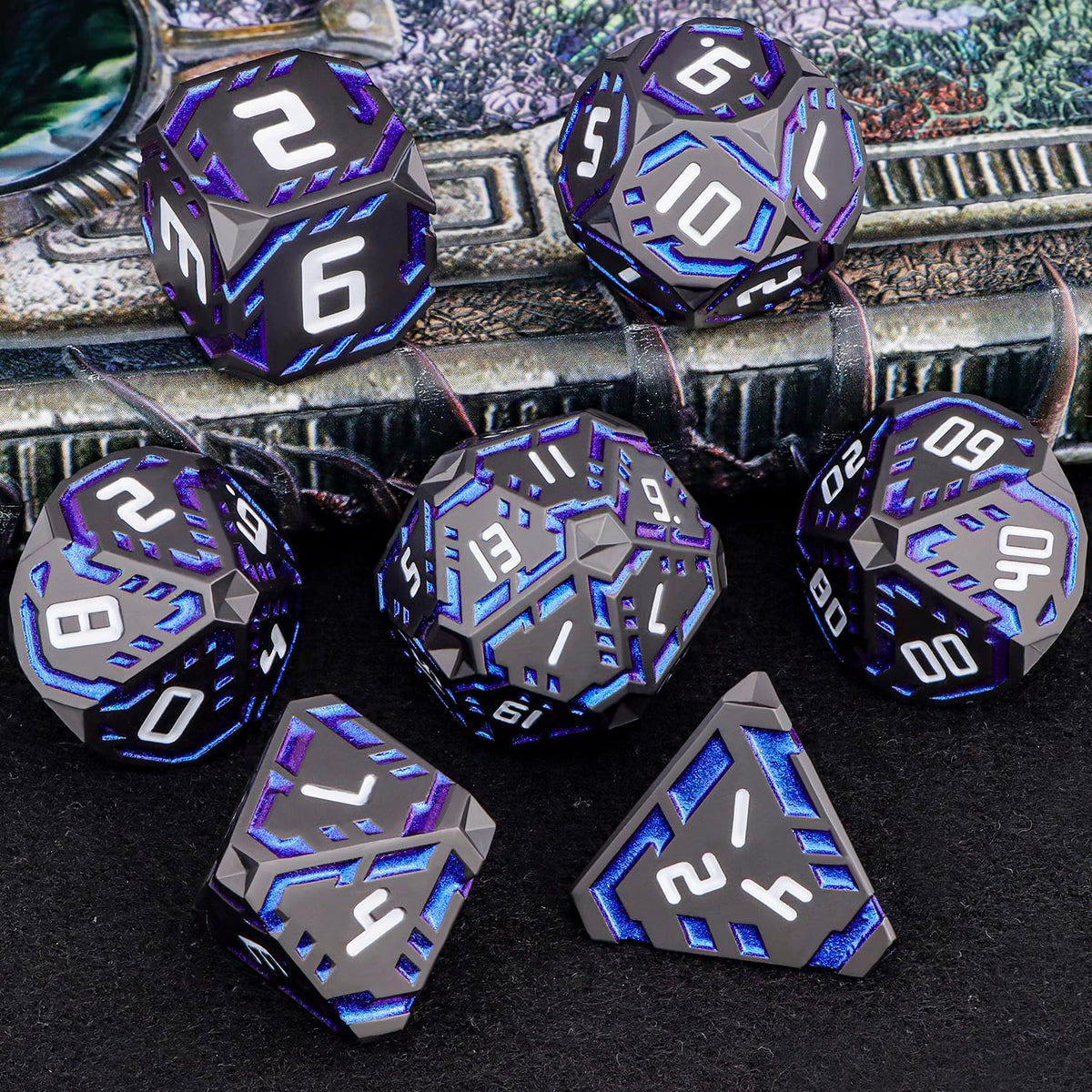 Juego de dados de ciencia ficción DND de metal, 7 dados poliédricos luminosos a rayas naranjas para Dungeons Dragons RPG, dados D y D con purpurina con caja de regalo D6 D8 D10 D12 D20