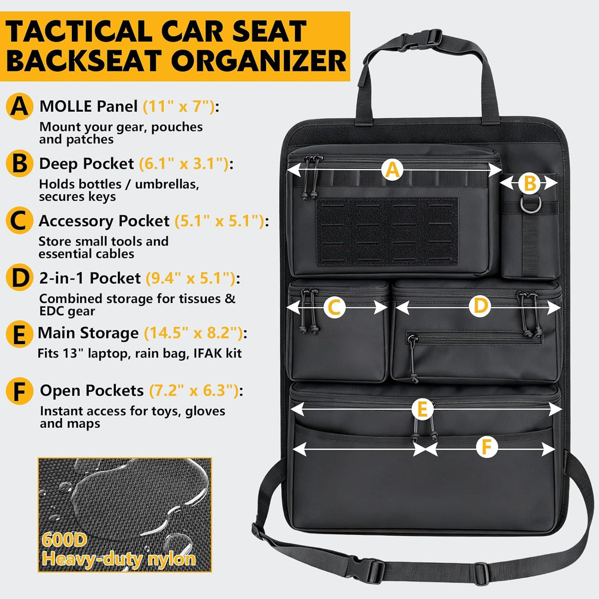 Organizador de asiento trasero táctico todo en uno para autos, SUVs, camiones y Jeeps