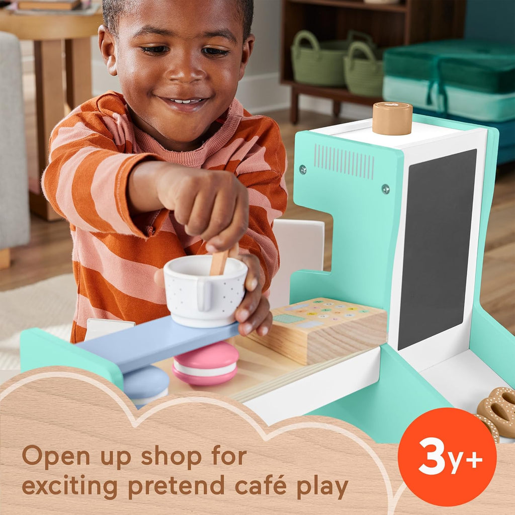 Fisher-Price Wood Pretend Play Coffee Shop & Toy Register, juego de comida de madera de 20 piezas para niños preescolares a partir de 3 años