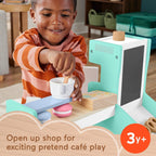 Fisher-Price Wood Pretend Play Coffee Shop & Toy Register, juego de comida de madera de 20 piezas para niños preescolares a partir de 3 años