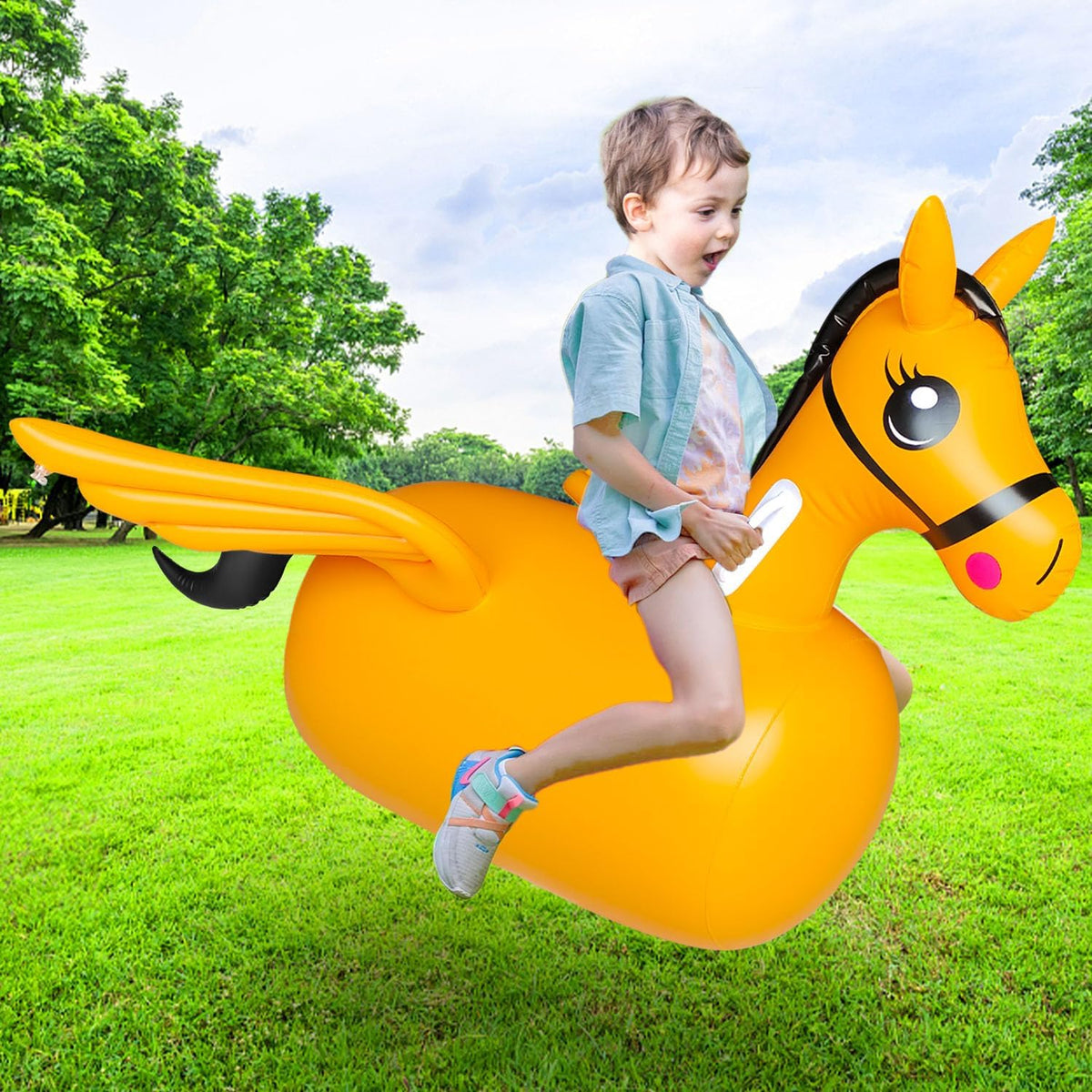 ZHUYNXIR - Juguete inflable de unicornio inflable para niños a partir de 3 años, equipo de juego de salto para interiores y exteriores con mango y alas, divertido caballo animoso de actividad física