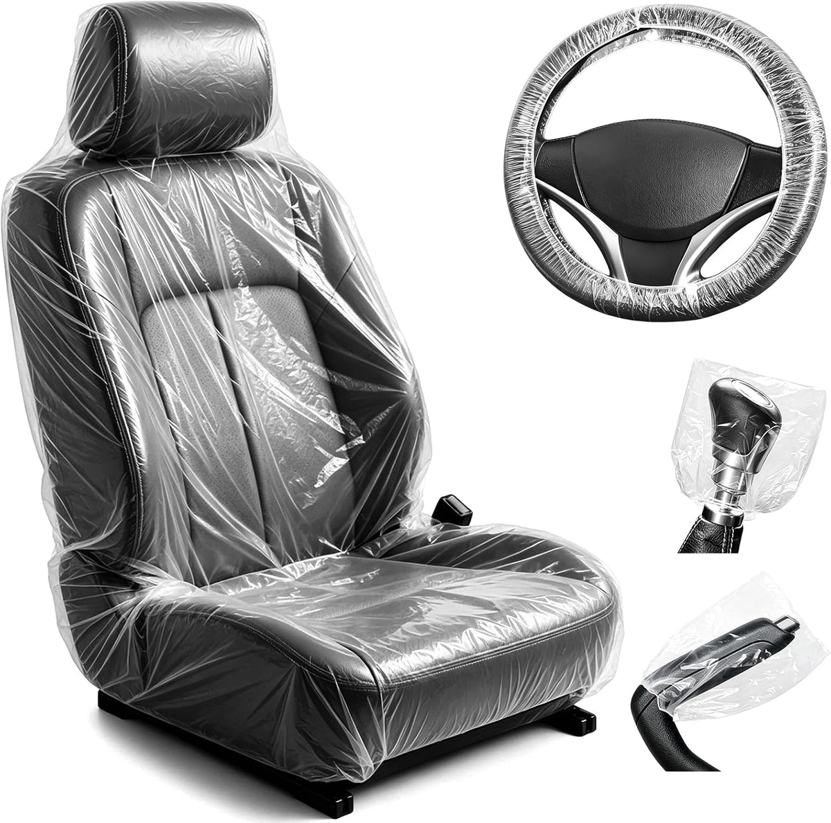 Paquete de 250 fundas desechables para asiento de automóvil, juego de protectores de asiento de plástico transparente para automóviles, incluye volante, selector de engranajes y fundas para