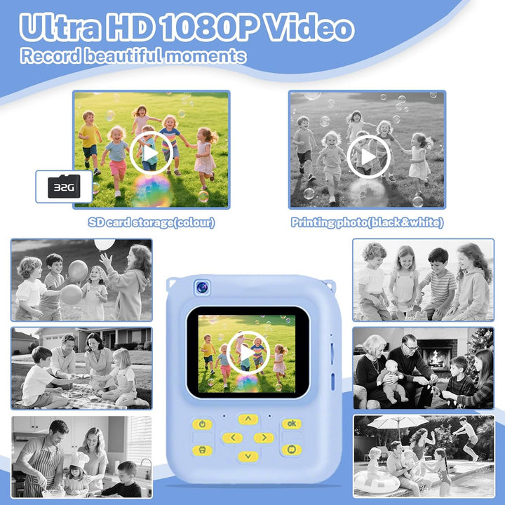 Cámara de impresión instantánea para niños, cámara de video 1080P c...