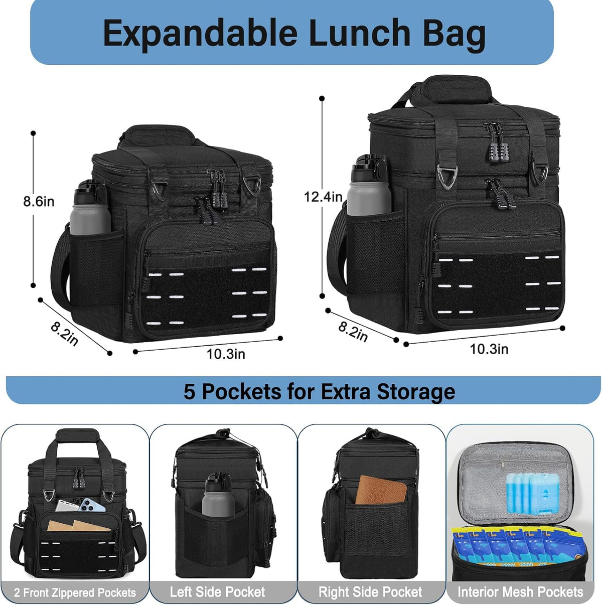 Bolsa de almuerzo con enfriador - Lonchera táctica aislada para hombres - Cubo de almuerzo grande y suave expandible para adultos, trabajo, al aire libre, turnos, viajes, negro, 16L