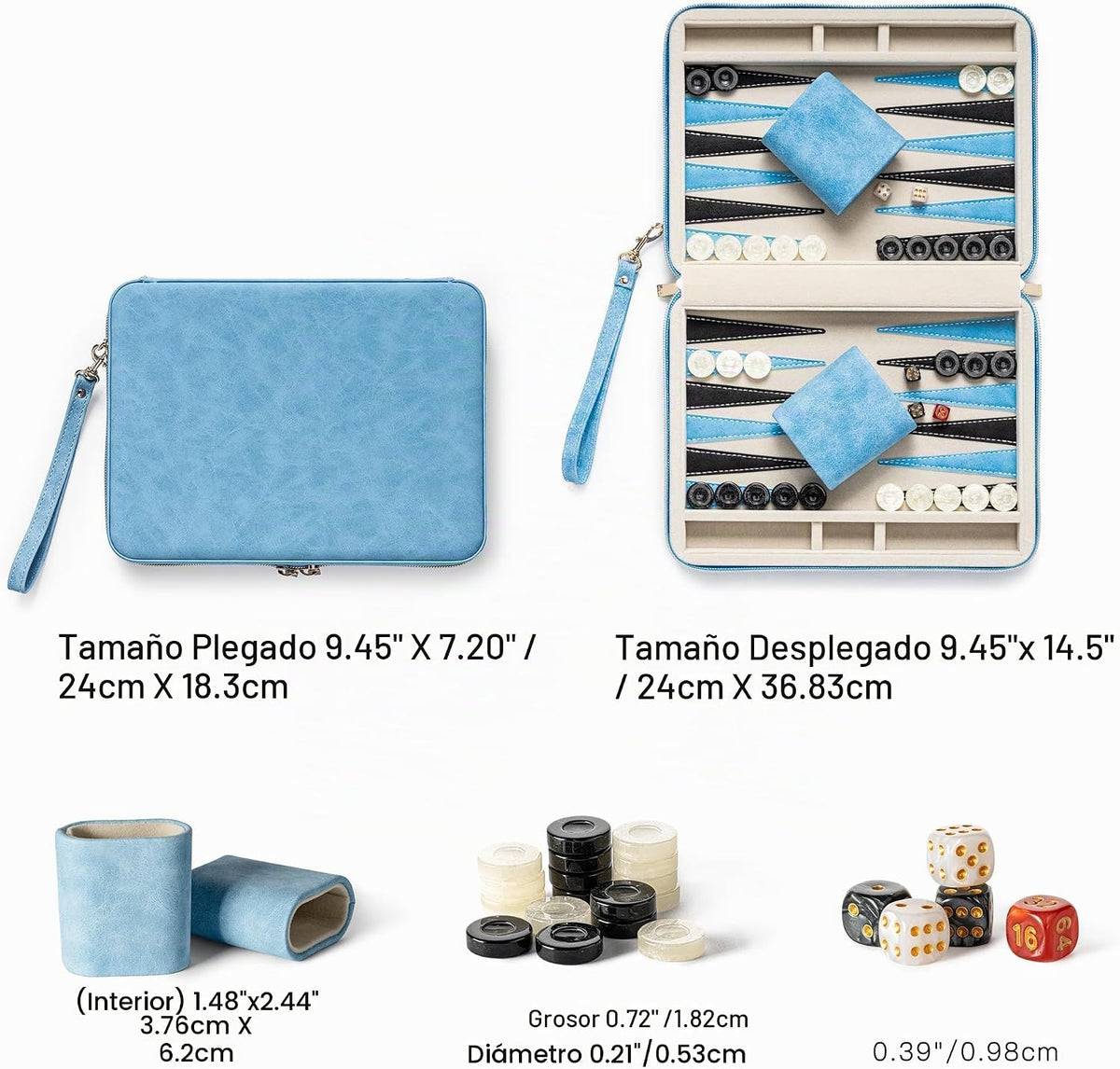 Juegos de backgammon para adultos y niños, tablero clásico de backgammon con dados de damas únicos, funda plegable de piel sintética de backgammon para backgammon (color azul)