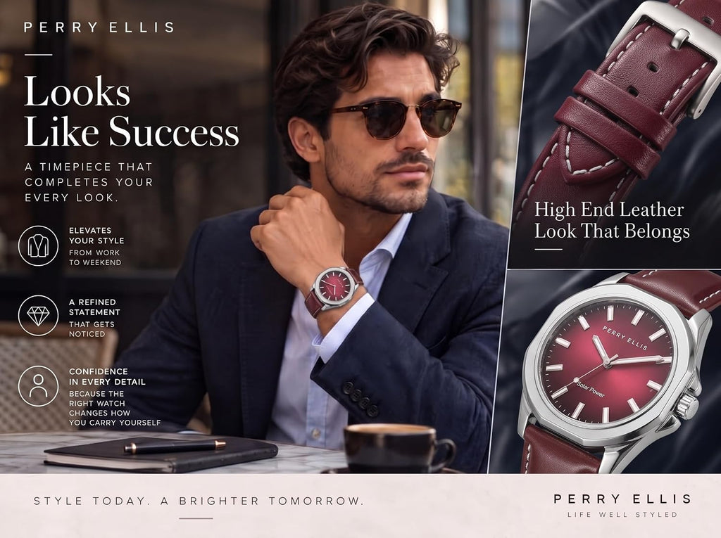 Reloj Perry Ellis para hombre con energía solar | Relojes de pulsera analógicos resistentes al agua de cuero vegano para hombre | Caja de 42mm | Relojes para hombres | Elegante regalo para hombre