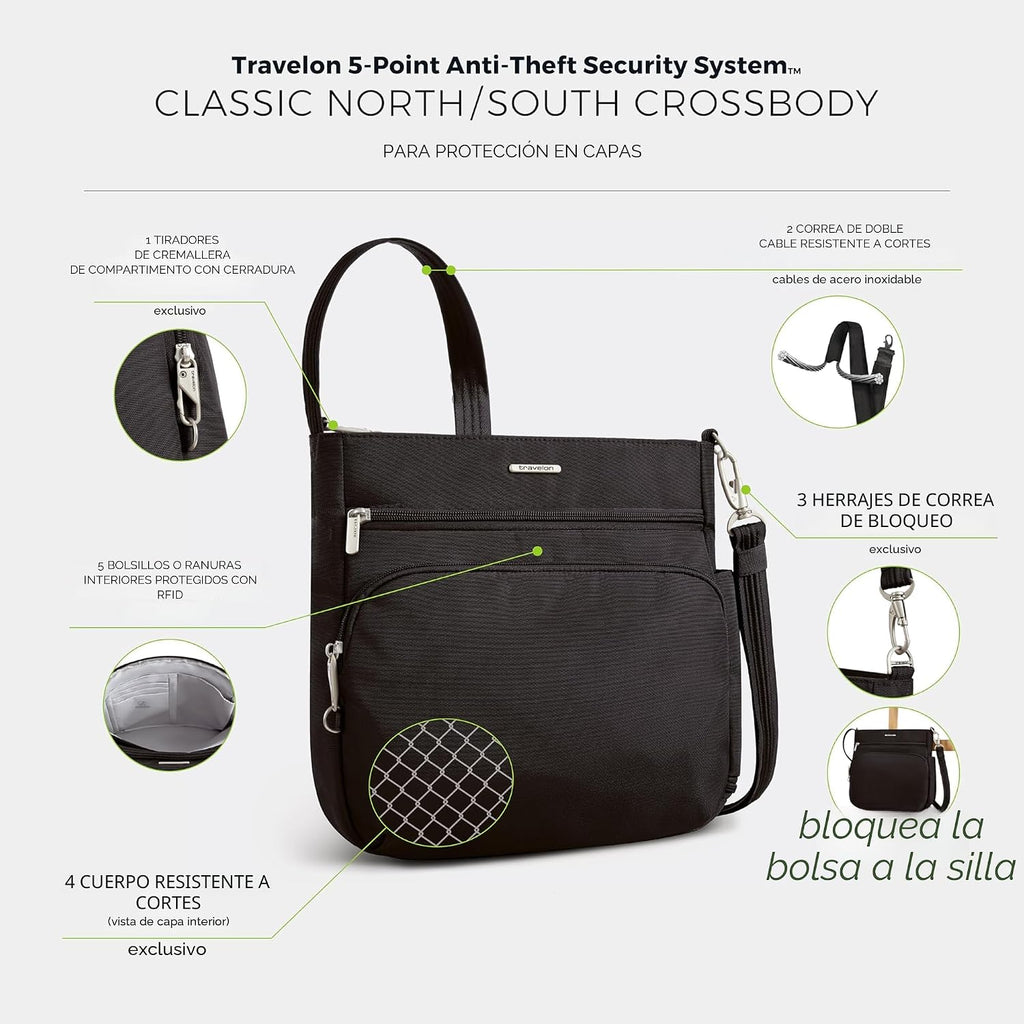 Travelon Bolso bandolera clásico antirrobo Norte/Sur