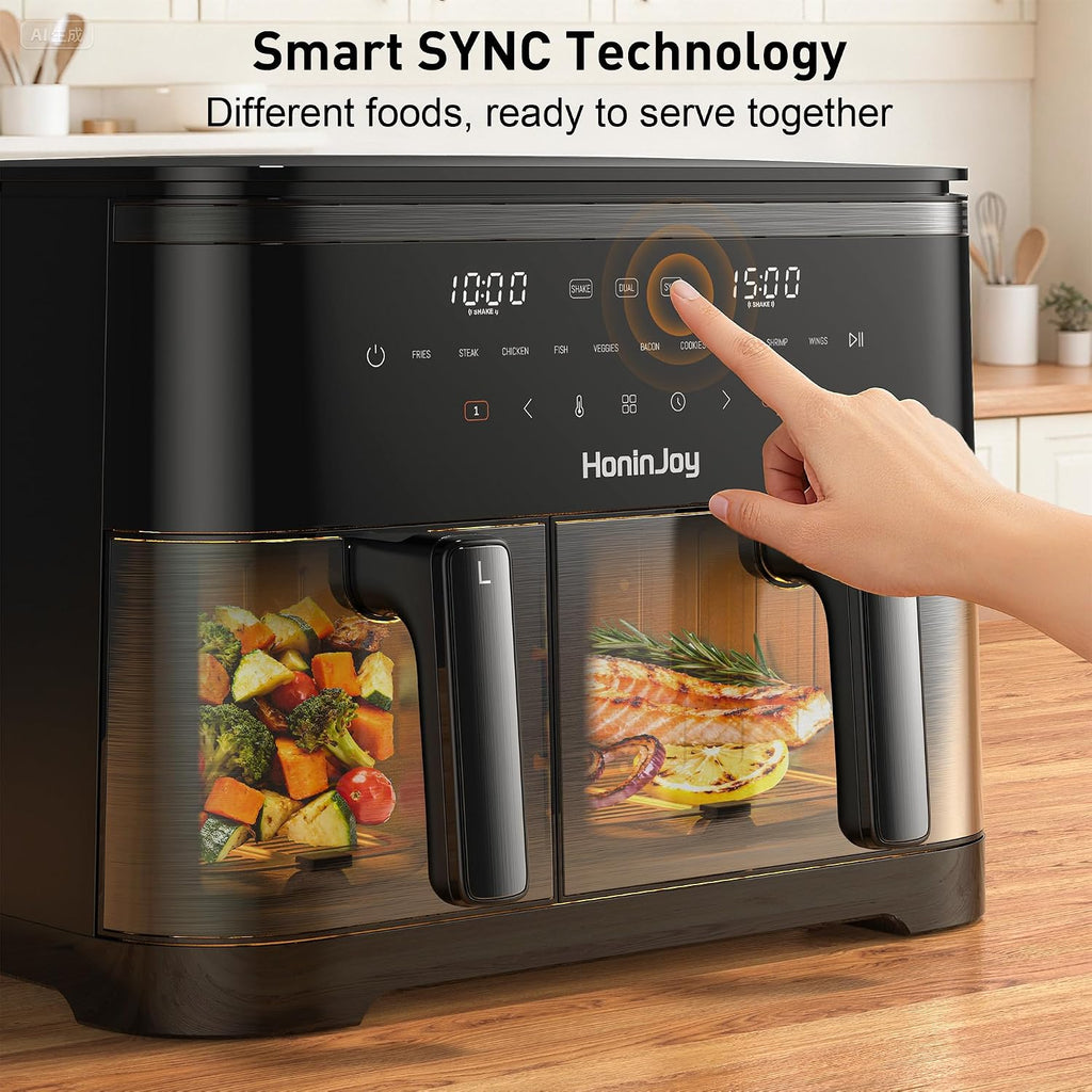 Freidora de aire grande de 12 cuartos con cesta doble (4 QT+8 QT), pantalla táctil digital 13 en 1 con 50 revestimientos de papel, sincronización y funciones duales, horneado, asado