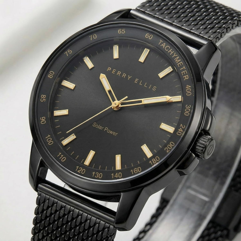 Perry Ellis Reloj para hombre con energía solar | Correa de malla de acero | Relojes de pulsera analógicos resistentes al agua para hombre | Caja de 43mm | Bisel de tacómetro de aluminio | Elegante