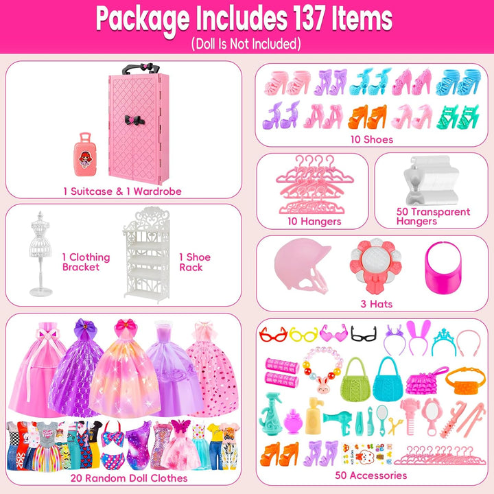 137 piezas de ropa y accesorios de muñeca para guardar en el armari...