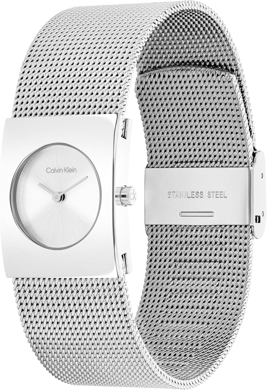 Calvin Klein Reloj CK Pulse de acero inoxidable para mujer, caja geométrica de 0.827 in, pulsera de malla, estilo icónico pequeño, regalo para ella