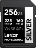 Lexar Tarjeta de memoria SD plateada de 256 GB, lectura de 225 MB/s, 4K