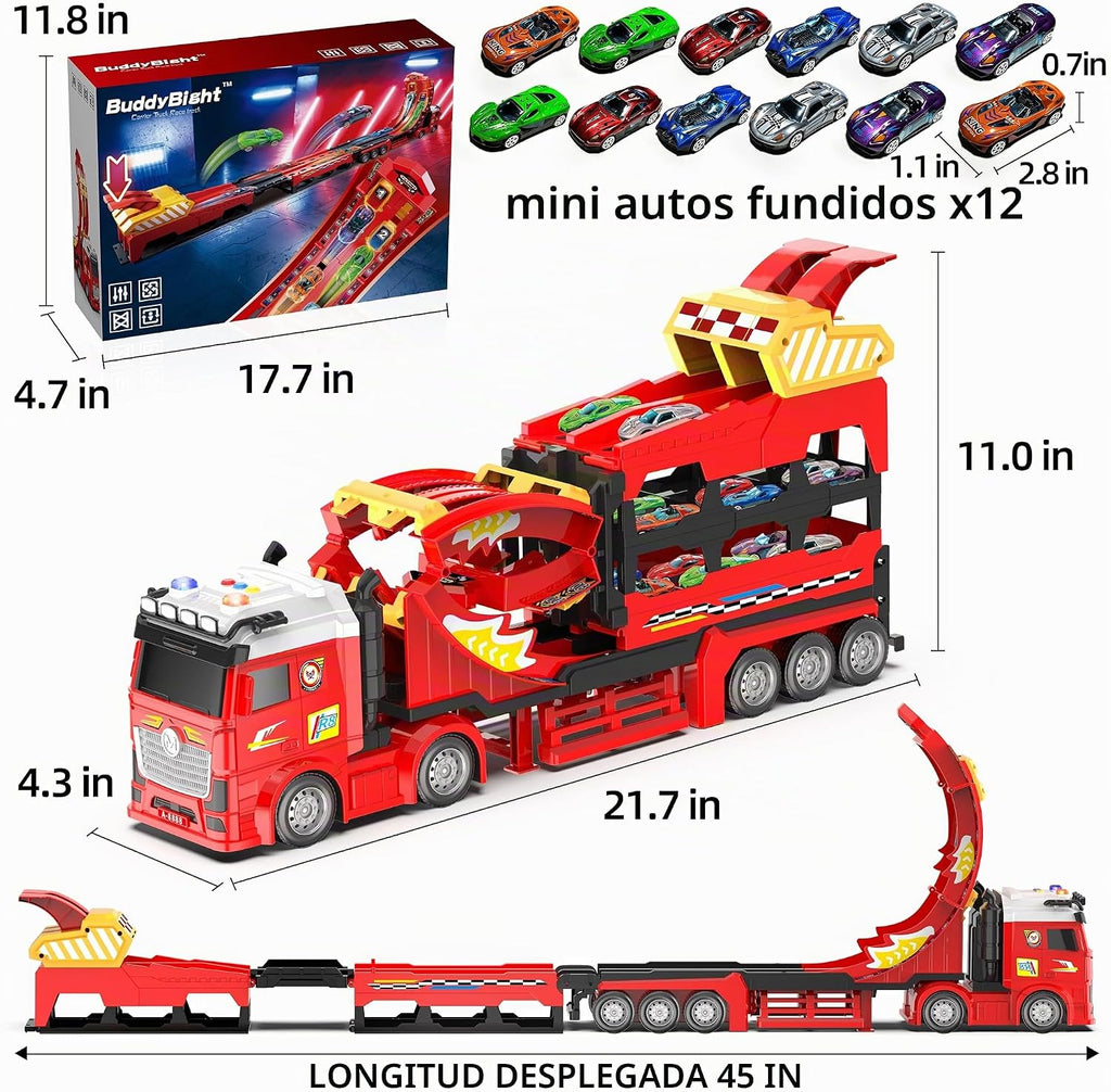 Camión 3 en 1 con Pista de Carrera Plegable de 45'', Juguete de Camionetas para Niños de 4-8 Años