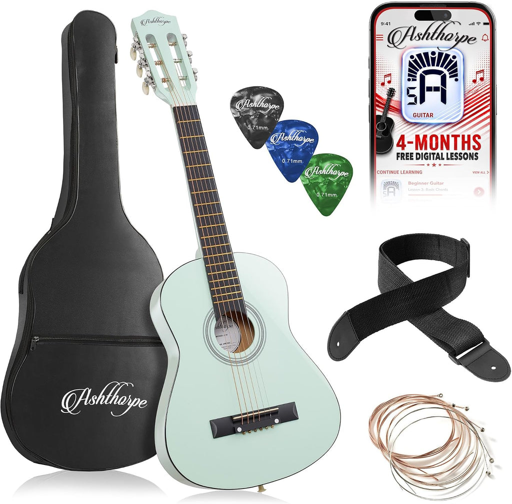 Ashthorpe Guitarra acústica infantil de 30 pulgadas (verde menta), kit de inicio para principiantes con bolsa de concierto, cuerdas adicionales, correa, púas y lecciones