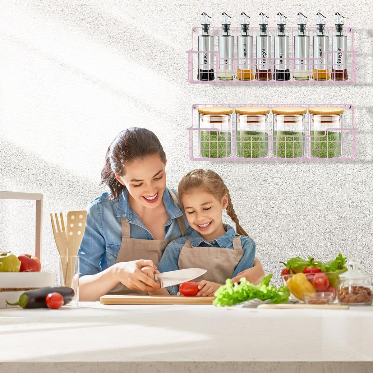Estante para especias, paquete de 4 organizadores de condimentos montado en la pared para organización de almacenamiento de cocina, estante de metal para especias para gabinete, despensa, rosa