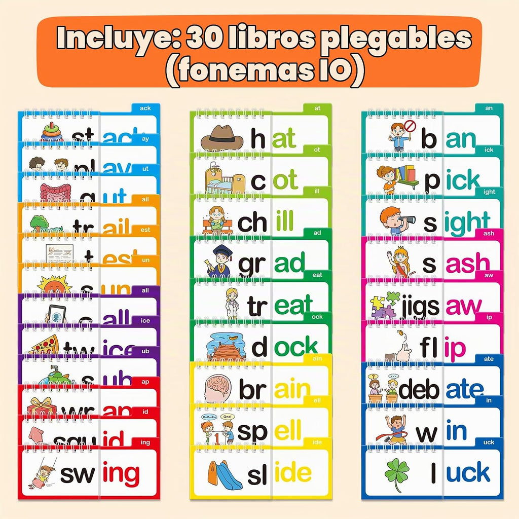 Tarjetas flash de fonética, libro de construcción familiar de palabras, para aprender a leer 30 libros de lectura y rima, tarjetas de palabras a la vista, tarjetas flash para jardín de infantes, libros de fonética para niños, aula, escuela, preescolar, ac