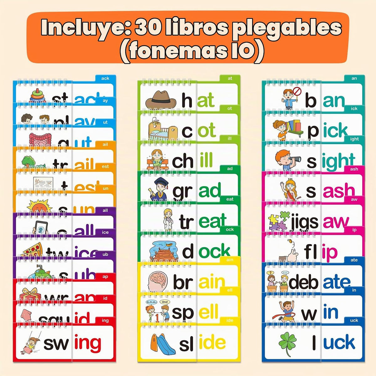 Tarjetas flash de fonética, libro de construcción familiar de palabras, para aprender a leer 30 libros de lectura y rima, tarjetas de palabras a la vista, tarjetas flash para jardín de infantes, libros de fonética para niños, aula, escuela, preescolar, ac