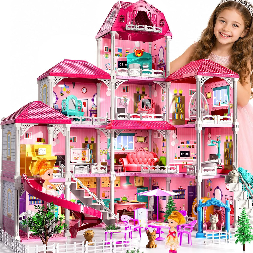Casa de 4 pisos para niñas de 3 a 7 años, juego de villa con 2 muñecas y 12