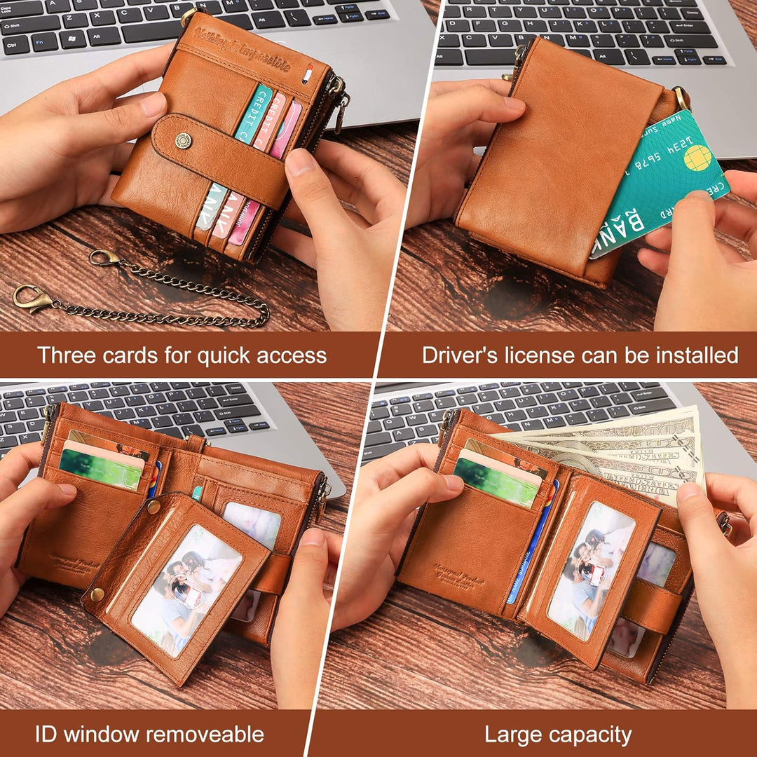 gzcz Billeteras de cadena RFID para hombre, cartera de cuero genuin...