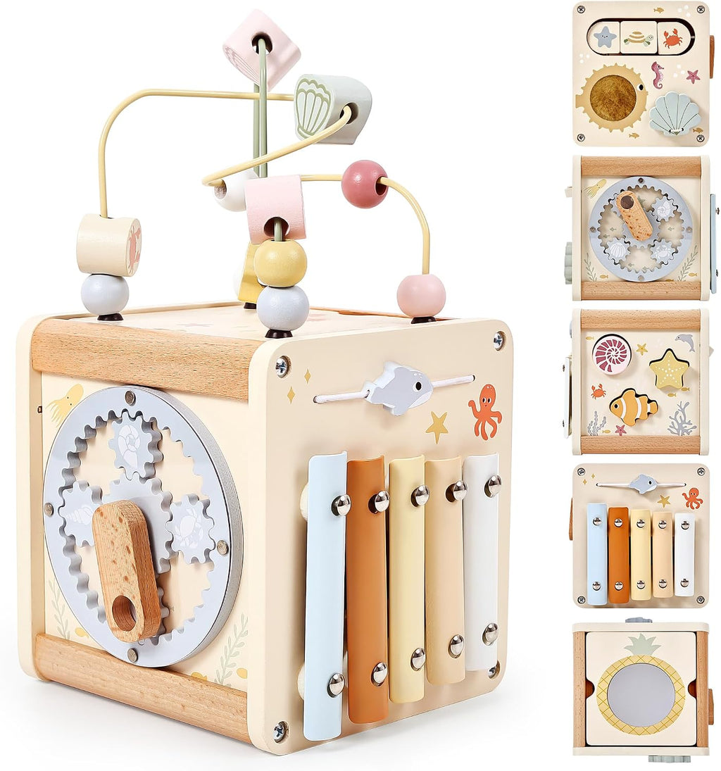 Cubo de actividades de madera, juguete Montessori 6 en 1 para niños