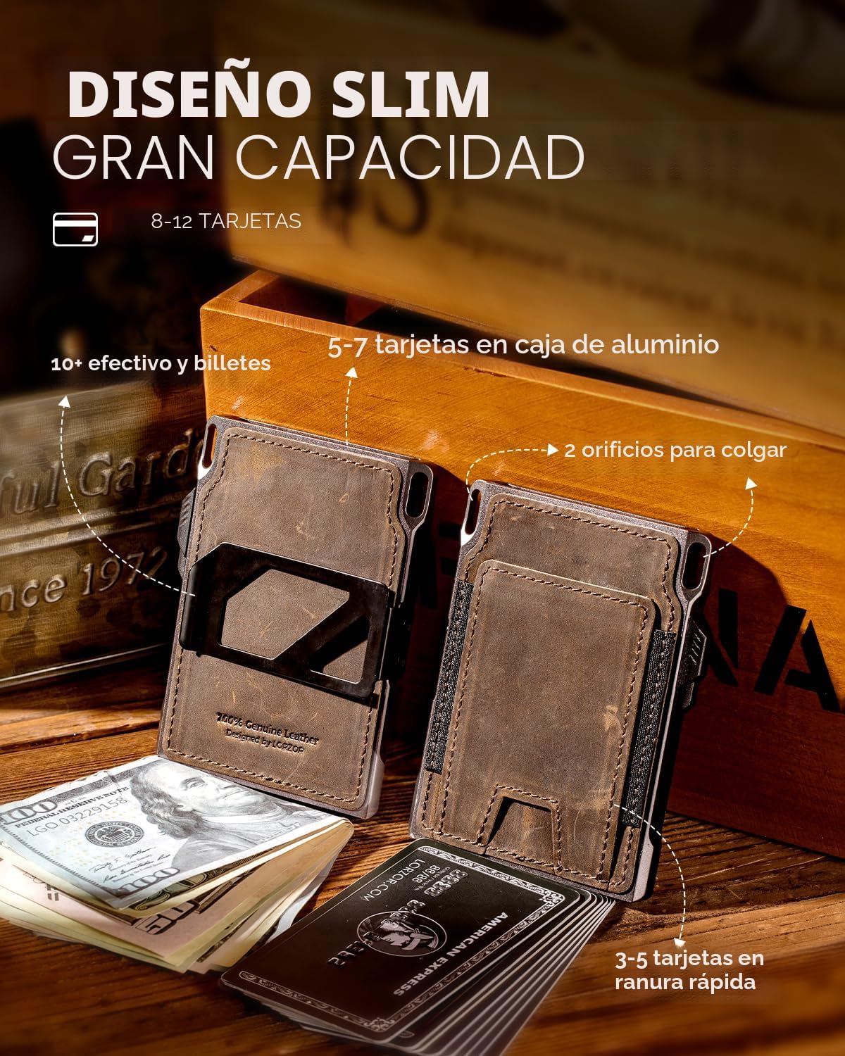 Cartera táctica delgada para hombre, bolsillo frontal minimalista de cuero de grano completo para 10 tarjetas, tarjetero de aluminio con bloqueo RFID, funda inteligente para tarjetas emergentes, clip para dinero, caja de regalo (marrón oscuro)