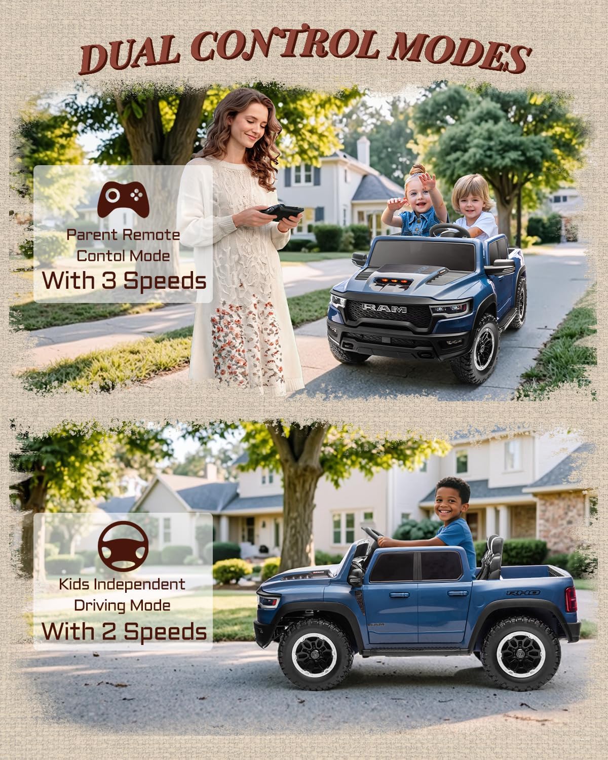 First Ride On Juguetes de paseo de 24 V para niños grandes, RAM 1500 RHO de 2 plazas con control remoto, camión alimentado por batería con suspensión de 4 ruedas, automóvil para niños pequeños con