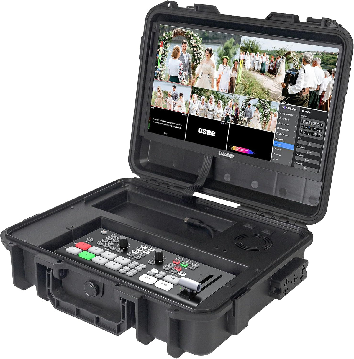 Kit Todo en Uno de Mezclador de Vídeo Multicámara Profesional de Transmisión en Vivo Osee GoStream Duet con 4 Entradas HDMI y SDI en USB-C I/O con Monitor de 14 Pulgadas, Cable DC a Tipo C Incorporado