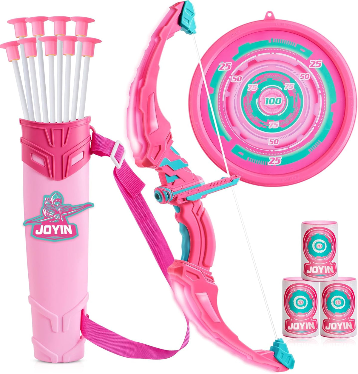 JOYIN Juego de arco y flecha rosa para niñas, juego de juguetes