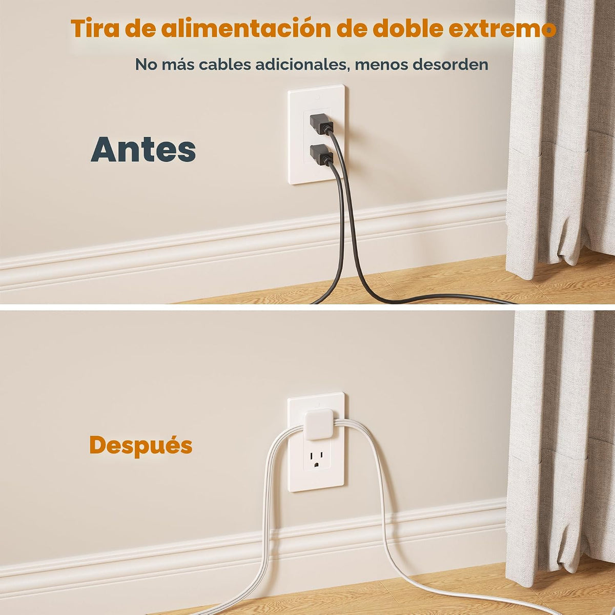 TESSAN Regleta de alimentación de enchufe plano de doble extremo, cable de