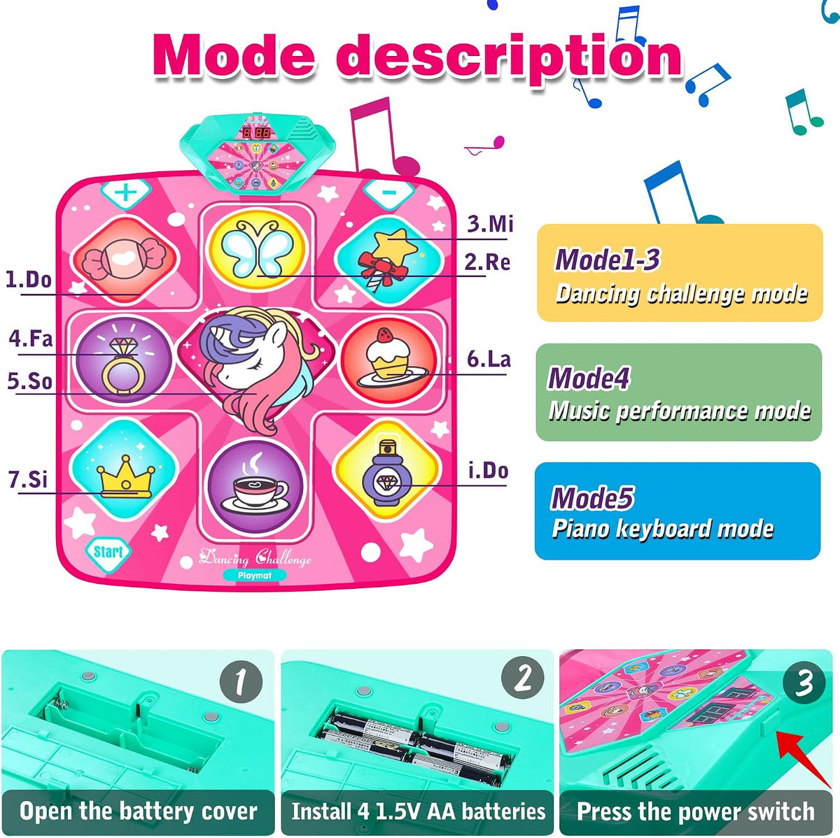 Alfombrilla de baile de unicornio para niñas, almohadilla de música LED