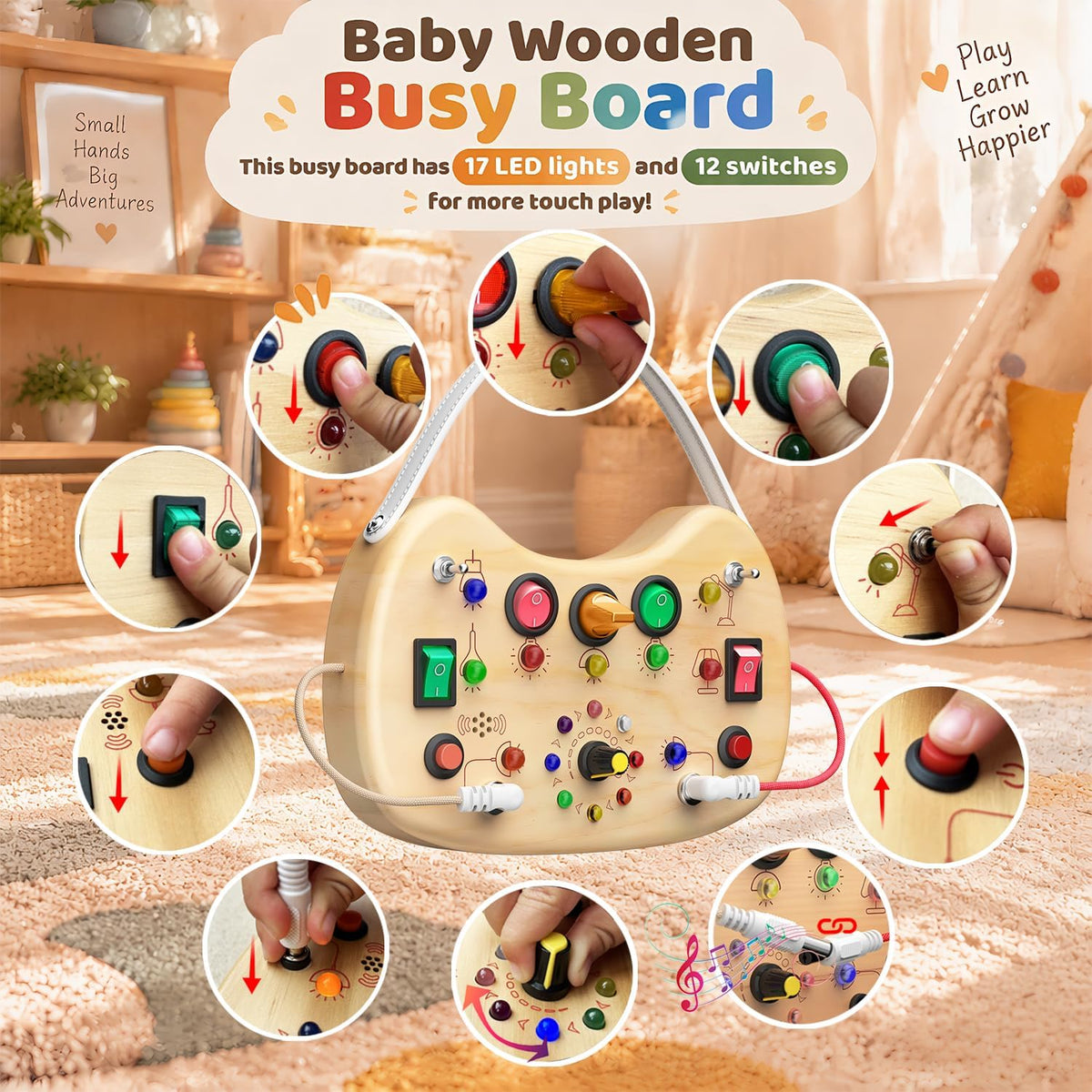 Montessori Tablero de madera para niños pequeños con luces LED e