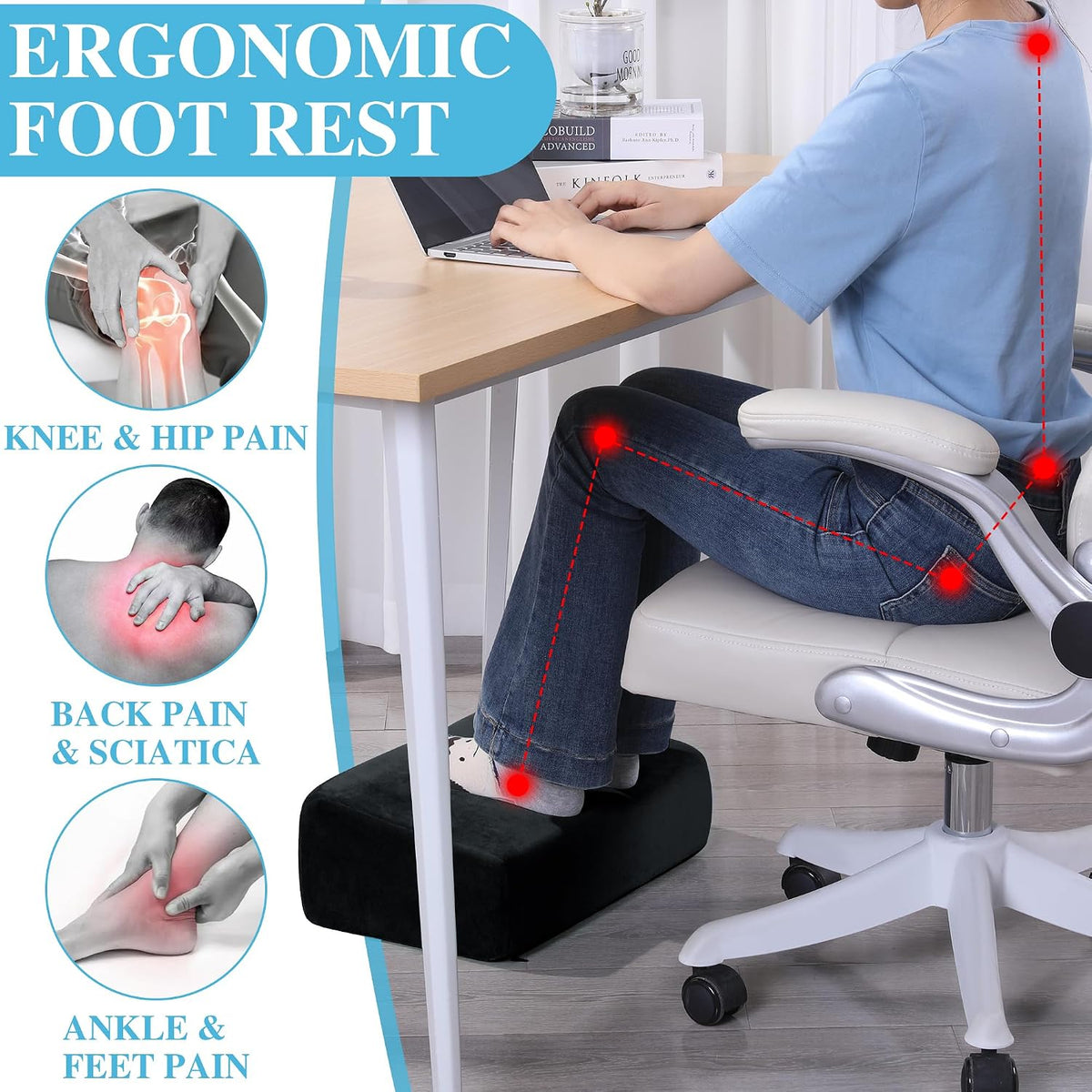 Lámpara Reposapiés para debajo del escritorio, reposapiés ergonómico de oficina con 3 alturas ajustables, reposapiés de espuma viscoelástica de alta densidad para el hogar, viajes, avión con funda lavable