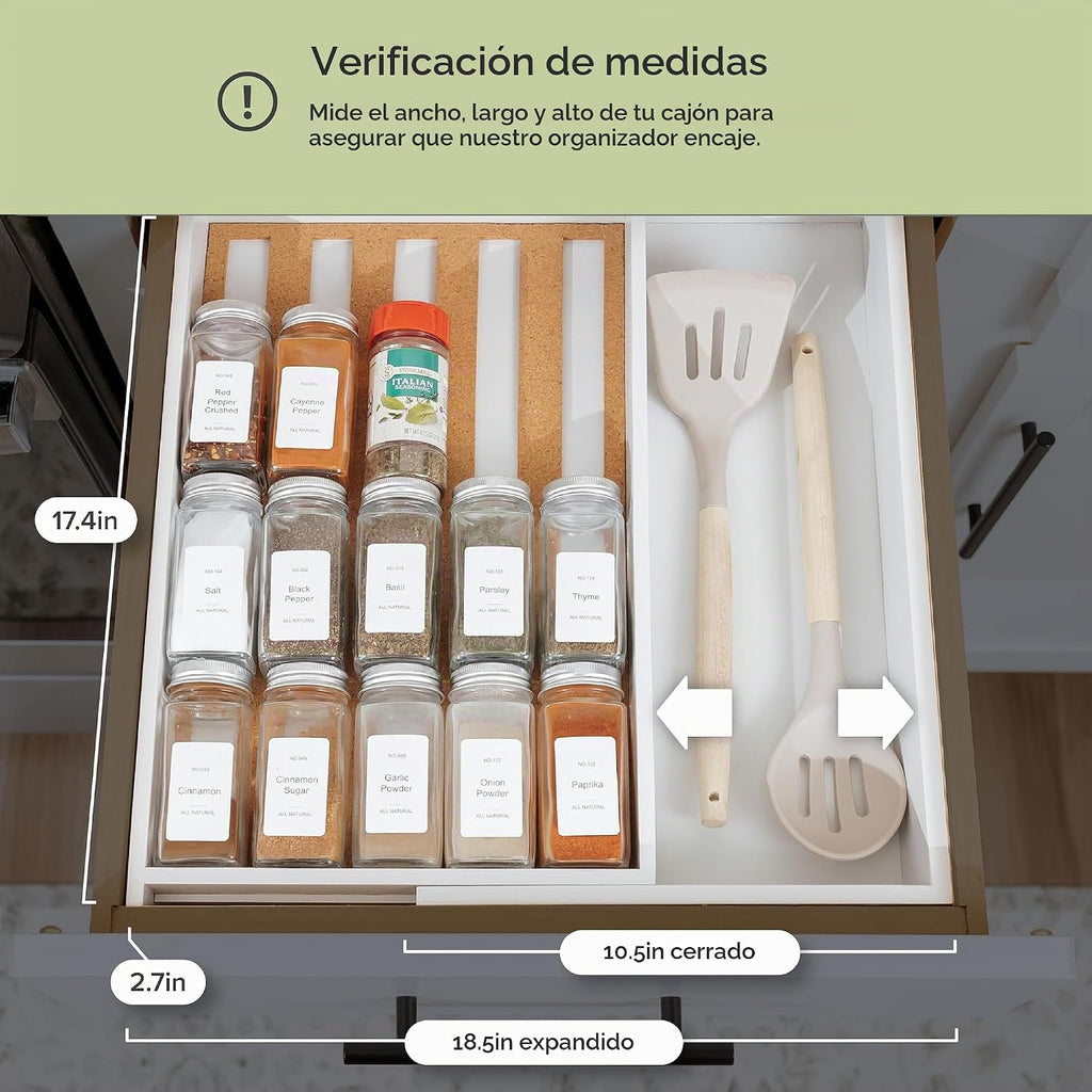 Organizador extensible para cajones de especias, bambú blanco