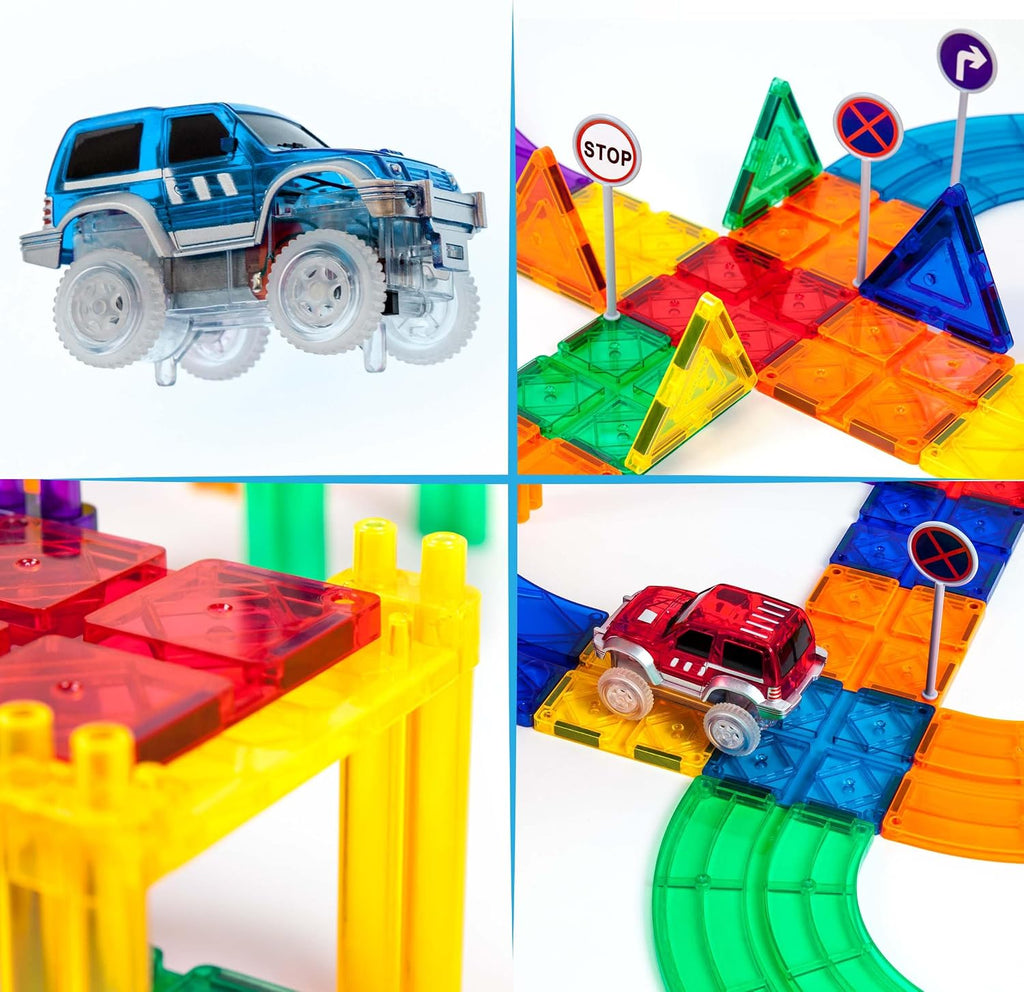 PicassoTiles Juego de 128 piezas de bloques de construcción de pistas de autos de carreras magnéticas, juego de azulejos magnéticos, juego de 3 luces LED, kit de construcción de aprendizaje de