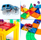 PicassoTiles Juego de 128 piezas de bloques de construcción de pistas de autos de carreras magnéticas, juego de azulejos magnéticos, juego de 3 luces LED, kit de construcción de aprendizaje de
