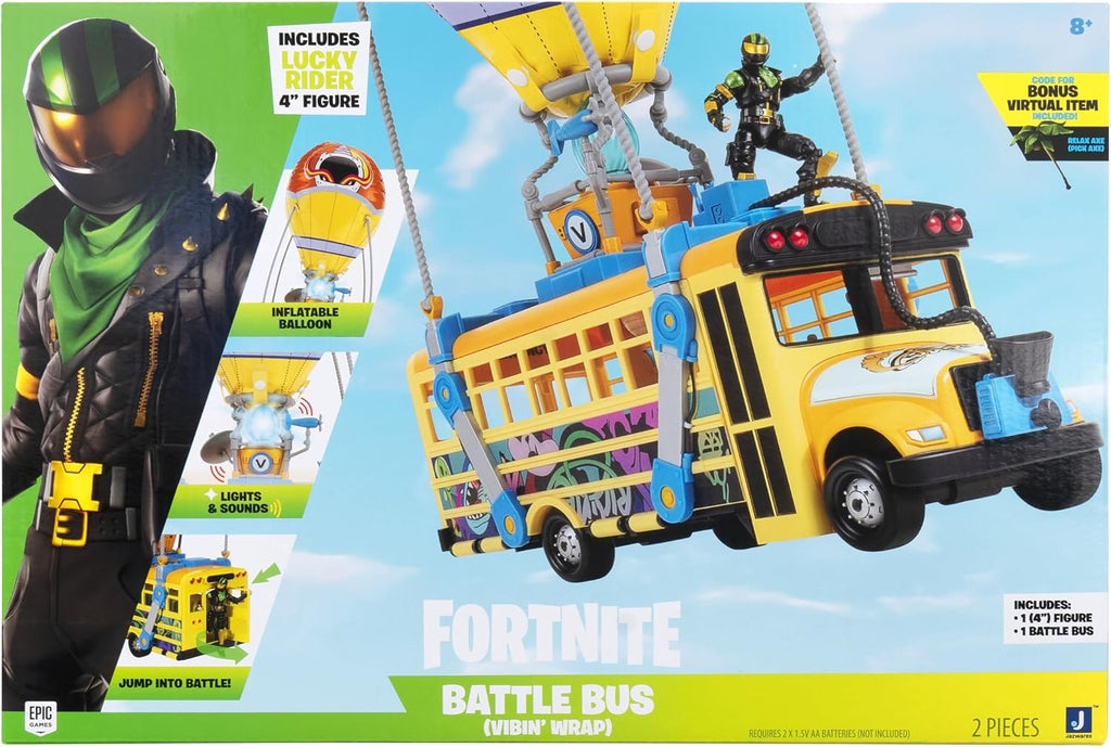 Fortnite Battle Bus - Vehículo de 14 pulgadas con globo inflable, luces y sonidos, colores únicos, ruedas rodantes, figura de 4 pulgadas y código para artículo virtual adicional