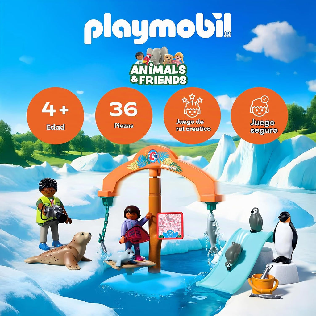 Playmobil | Animales y amigos | Expedición de hielo zoológico | Pingüinos y focas con carrusel de alimentación | Juguete infantil para edades de 4 años en adelante | 72073