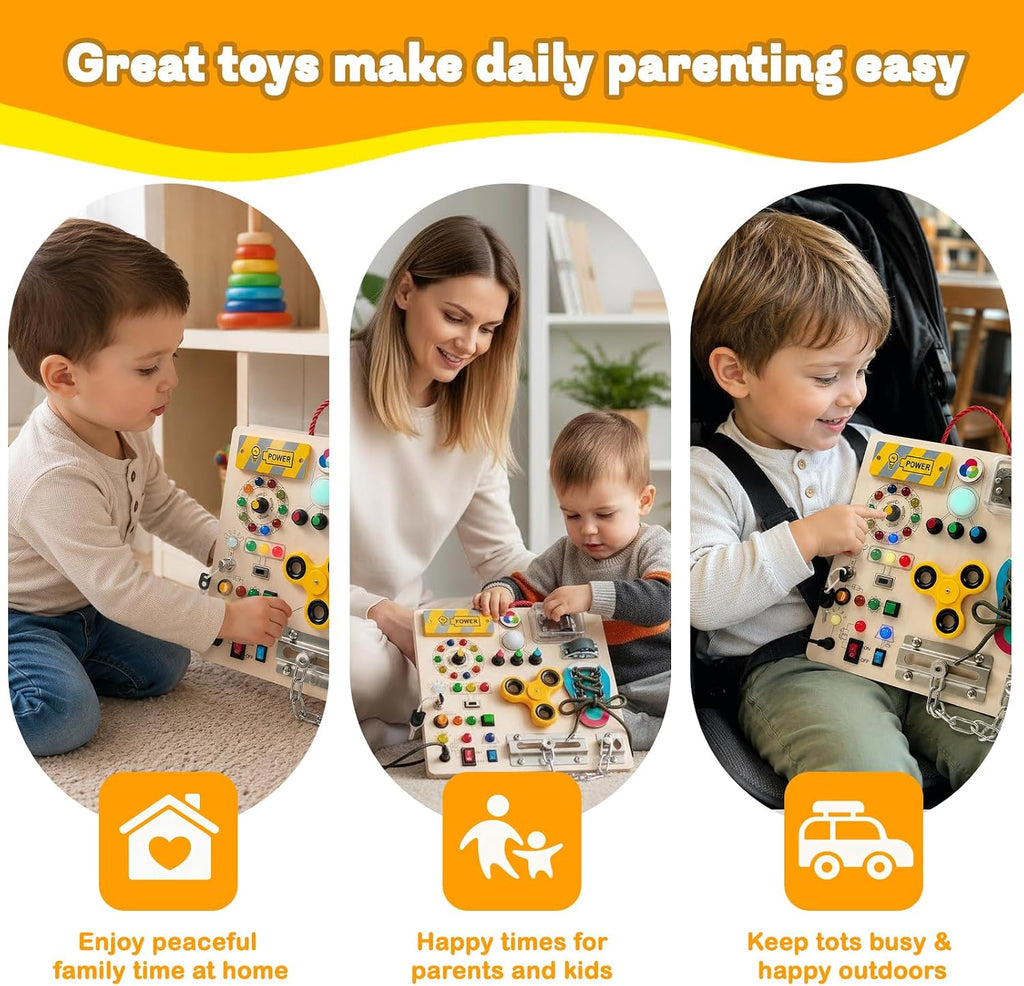 Tablero de actividades con interruptores de luz LED, juguetes Montessori para niños pequeños de 1 a 3 años, tablero de actividades sensoriales de madera, juguete de aprendizaje de viaje para niños y