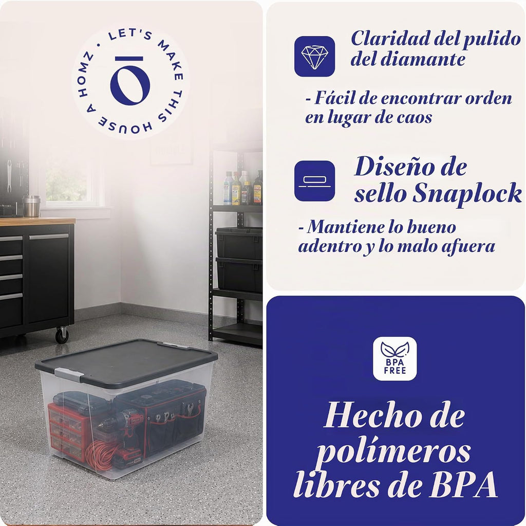 HOMZ Contenedor de plástico transparente con tapa gris de cierre seguro, 64